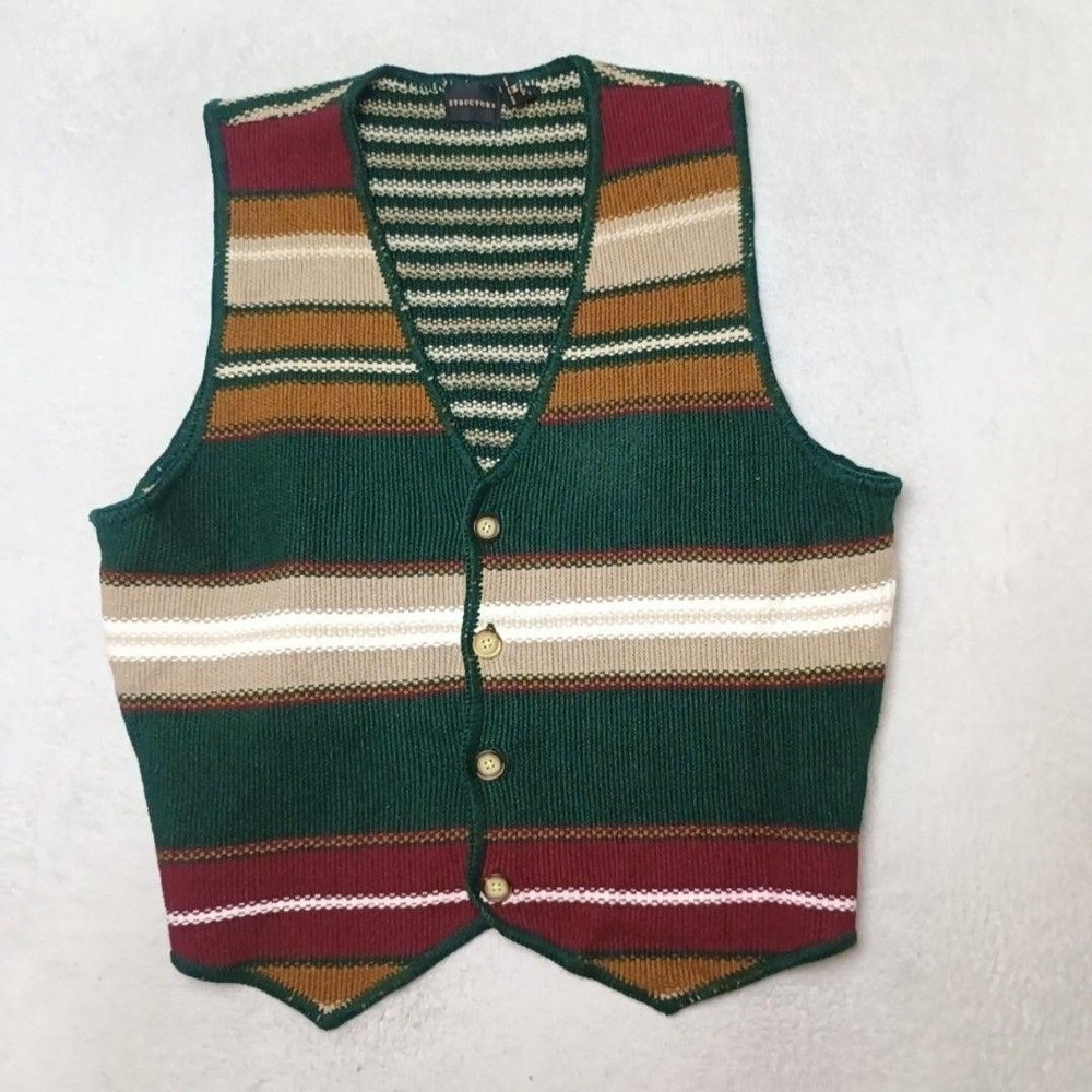 Vintage Structure Vest Mens M Green Striped 90s V-Neck Tight-Knit Ramie Work